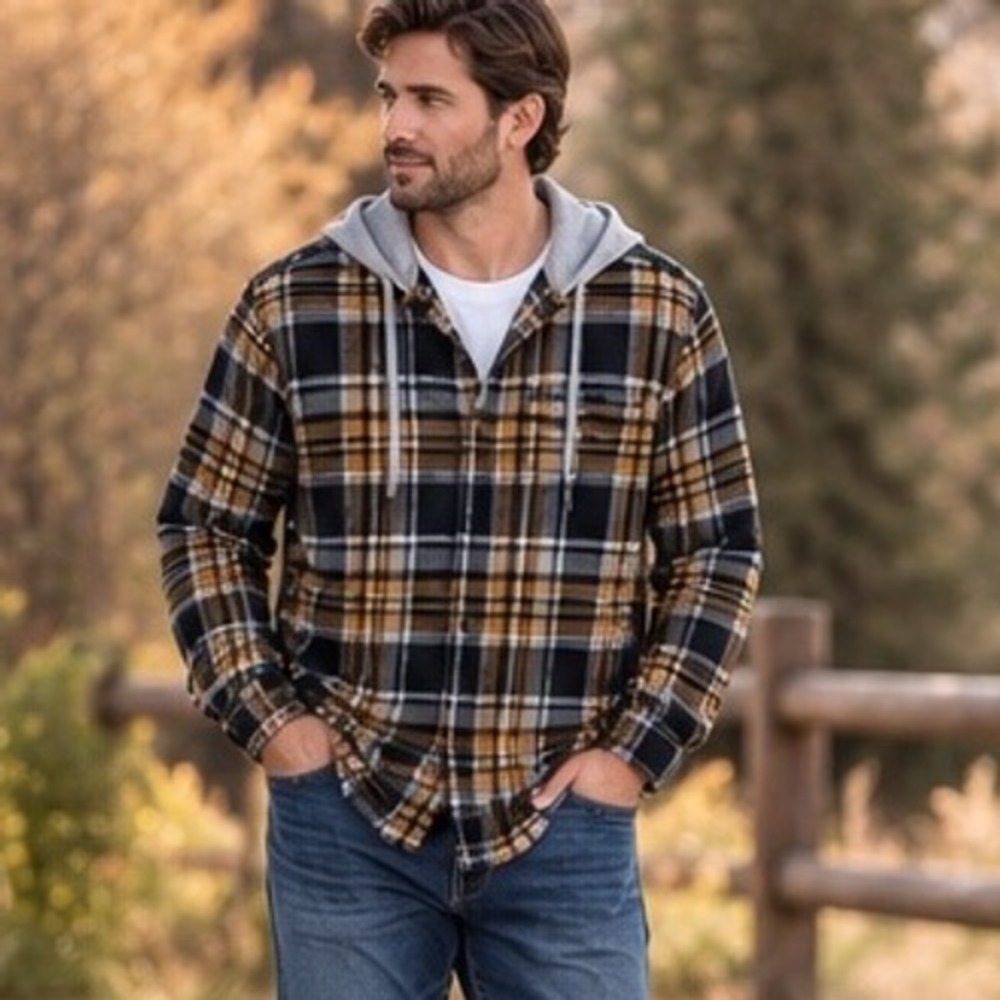 VSTR Mens Hooded Flannel Shirt Plaid Button Down Mustard Black White Large